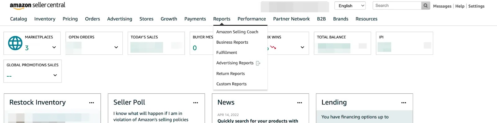 Business Reports section of Amazon Seller Central.
