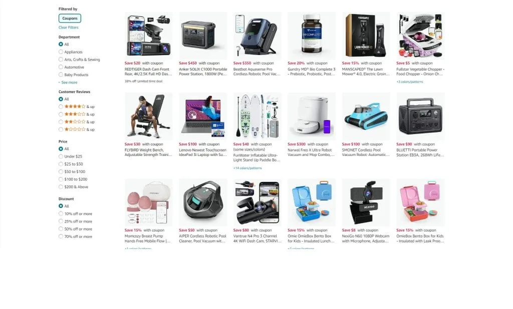 Amazon coupon page where shoppers can access and sort through products discounted with coupons